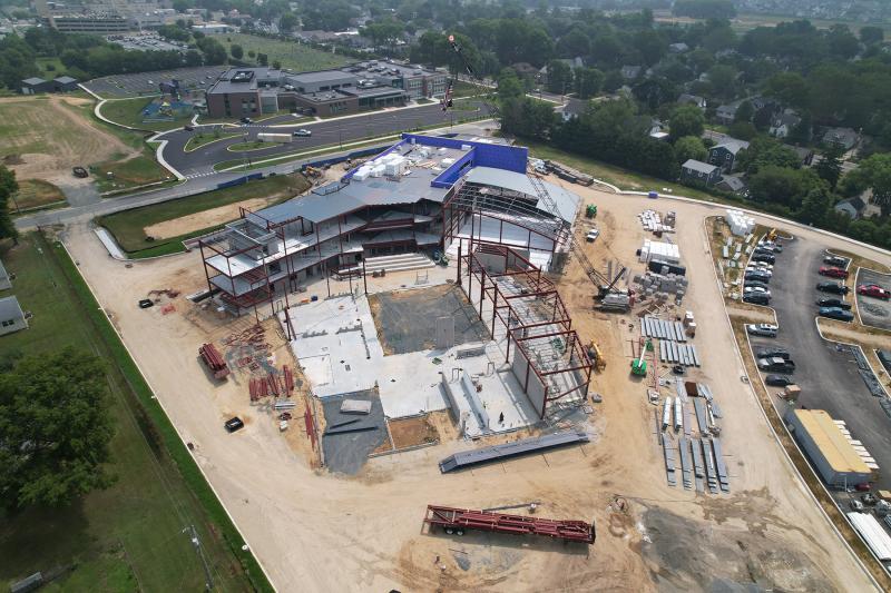 The future auditorium will be in the foreground, with the gym at top right and classrooms facing Lewes Elementary across Sussex Drive.